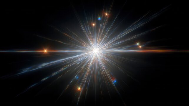 Light burst creating abstract lens flare effect with bright starburst lines on a dark background