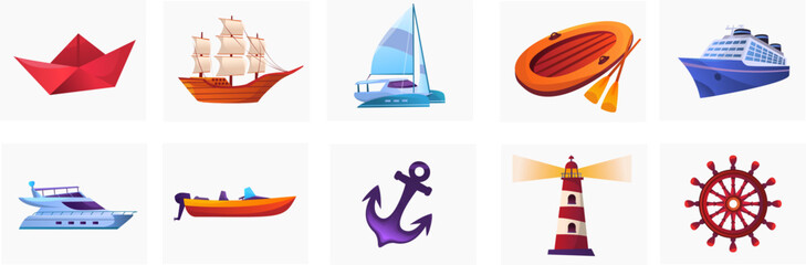 set of sailing and yacht vector, sailboat, catamaran, dinghy, cruise ship, origami sail boat, boat anchor, motor boat, lighthouse, ship's steering wheel 