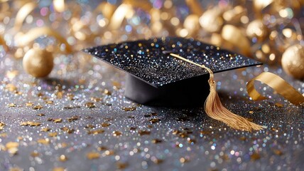 Graduation cap celebrating academic success, sparkling with golden stars and festive glitter lights