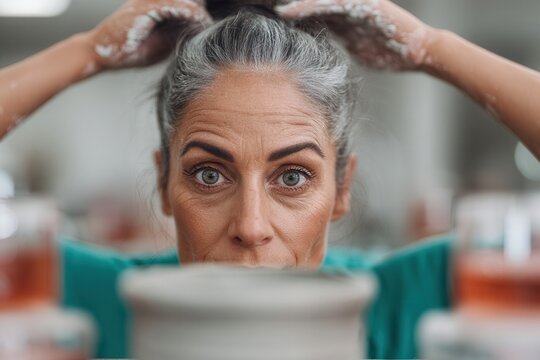 Mature woman looks intently at her pottery wheel, hands covered in clay, ready to work