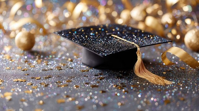 Graduation cap celebrating academic success, sparkling with golden stars and festive glitter lights