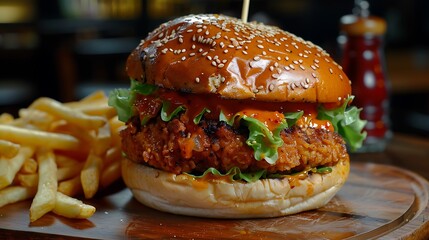 A delicious burger with sesame seed bun lettuce and sauce served with crispy golden french fries