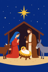 Obraz premium Flat design Christmas Nativity scene featuring Mary, Joseph, Baby Jesus Christ, under a star for use as a greeting card, religious religious biblical stock illustration image