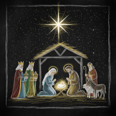Obraz premium Flat design Christmas Nativity scene featuring Mary, Joseph, Baby Jesus Christ, Wise Men, shepherd, under a star for use as a greeting card, religious biblical stock illustration image