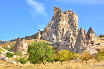 One of the wonders of the world. View of scenic geological formations and fairy chimneys in a beautiful valley, Cappadocia, Turkey