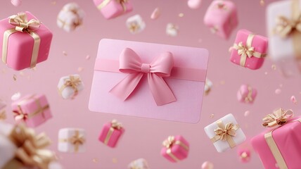Pink gift card or voucher with big ribbon bow and many flying presents for loyalty program or special event