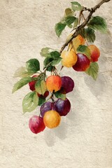 Multicolor Plums Watercolor Illustration on Vintage Paper &ndash; Botanical Fruit Painting with Yellow, Red and Purple Plums, Leaves and Realistic Hand-Painted Details