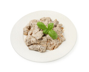 Tasty beef Stroganoff with basil isolated on white