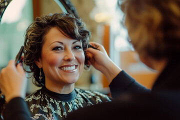 Generative AI image of stylish woman in beauty salon during haircut session showing trendy hairdo transformation and modern hair styling