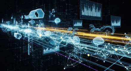 Abstract conceptualization of digital data streams traversing a networked system