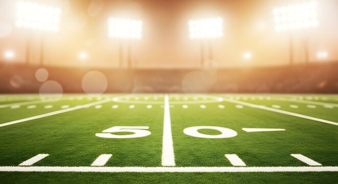 American football field at night with bright stadium lights - Powered by Adobe