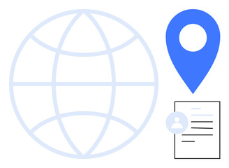 Globe symbolizing global network, blue location marker, ID document for user identification. Ideal for global navigation, identity verification, technology, travel, communication, business