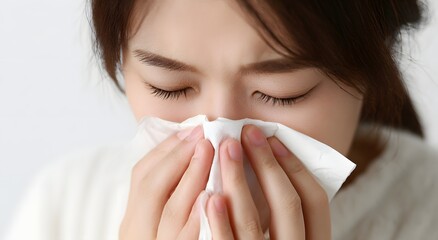 Young woman sneezing and blowing her nose with a tissue