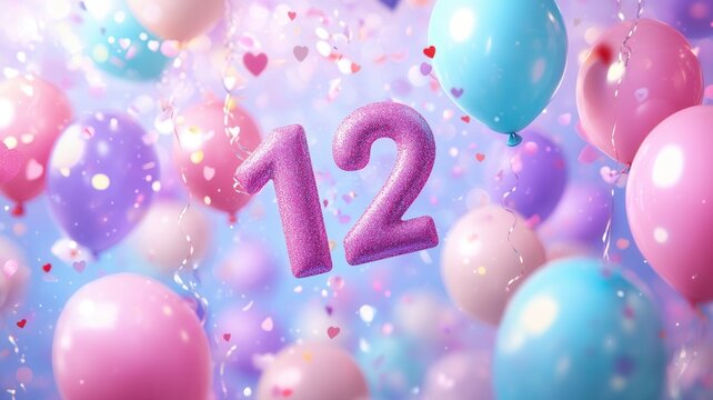 Glittery number 12 floating among colorful pastel balloons and heart confetti, celebrating a birthday or anniversary event