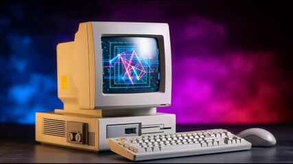 Vintage Computer with Graphics: A nostalgic look at a classic computer setup, with the screen displaying vivid graphics, a keyboard, and mouse, a tribute to the evolution of technology