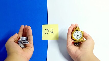 Making a critical decision choosing between money or time, a concept for financial planning and life choices