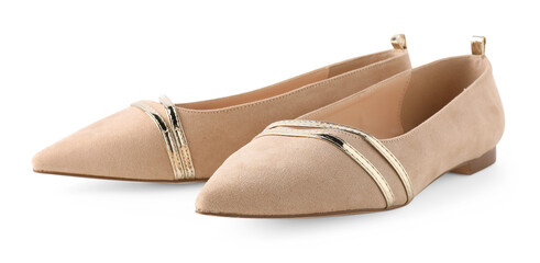 Pair of stylish beige shoes isolated on white