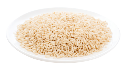 Brown rice grains placed on a clean white plate isolated on a transparent background. Generative AI