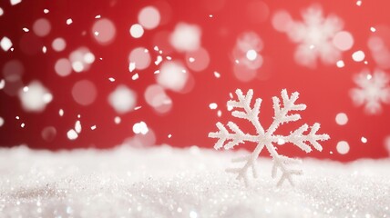 Snowflake decoration standing in glistening snow, falling snow and festive red bokeh lights creating a holiday background