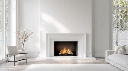 White modern living room featuring a lit fireplace, comfortable seating, and bright natural light from large windows