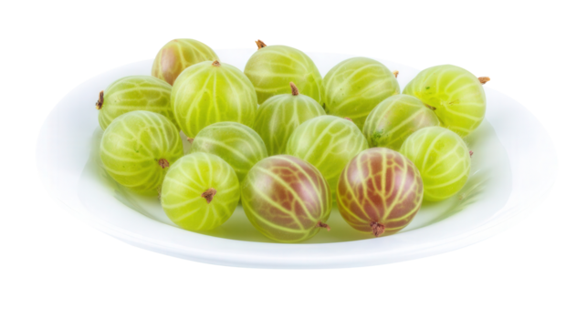 Fresh gooseberries on a clean white plate with translucent green and red texture isolated transparent background. Generative AI
