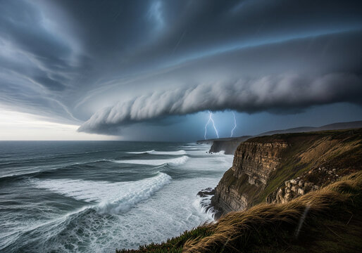 A powerful supercell thunderstorm with a dramatic shelf cloud and lightning strikes rolls over a turbulent ocean, crashing waves against rugged coastal cliffs