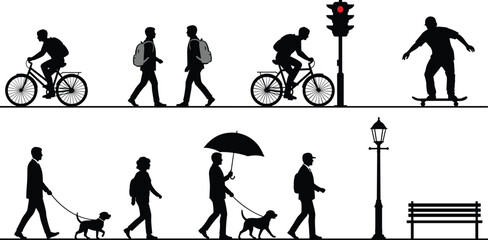 Urban mobility, pedestrian silhouettes, bicycle, skateboard, walking dog, traffic light, streetlamp, bench, public space, vector illustration