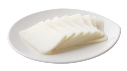Fetaki cheese slices on a clean white plate isolated on pure white background with smooth edges transparent background. Generative AI
