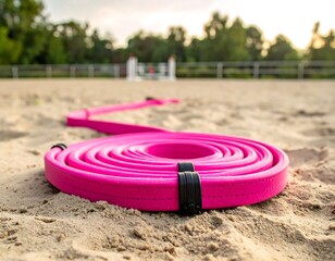 Bright pink training lunge on sandy arena floor, rolled, outdoor shot with trees and a blurry horse jump in background