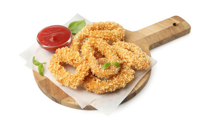 Deep fried squid rings, basil and ketchup isolated on white