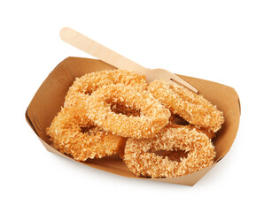 Deep fried squid rings and fork in takeaway paper box isolated on white