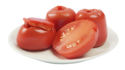 Canned tomatoes placed on a clean white plate transparent background. Generative AI