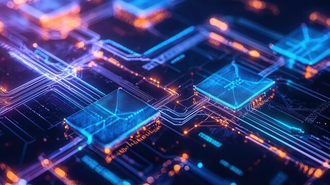 Digital circuit board processing data, glowing microchips, abstract computer technology grid, modern electronic system