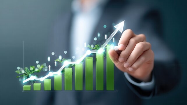 Business person hand drawing financial growth chart with green plant elements symbolizing sustainable success and positive trend