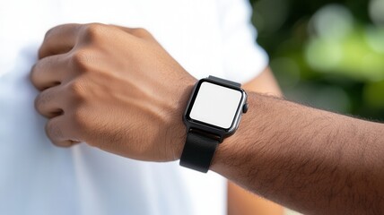 Person wearing smartwatch with blank screen, tracking health or fitness activities, checking notifications and time
