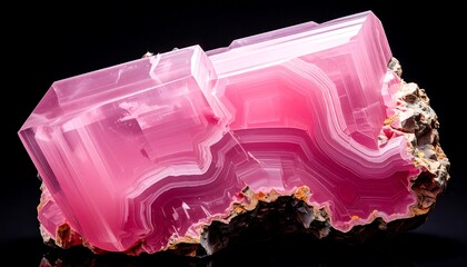 Bright pink Rhodochrosite mineral with textured crystalline layers, sitting on rock, against a black backdrop