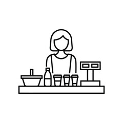Woman at checkout counter with products line art style illustration