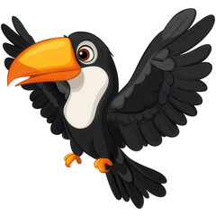 Fototapeta premium A cheerful cartoon toucan spreads its wings wide, showcasing vibrant colors and an engaging expression.