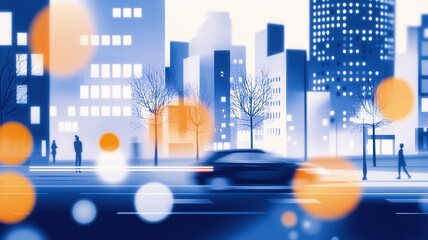 Urban city landscape with modern buildings, speeding car and abstract data light blurs for smart technology