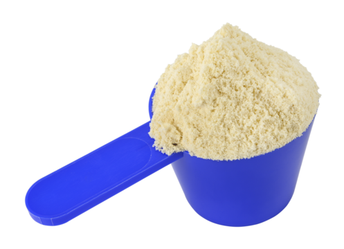 Protein powder in a measuring spoon isolated on a transparent background. Full depth of field. PNG.