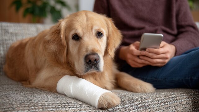 Golden retriever dog resting on a couch with a bandaged paw, owner looking at a smartphone, animal care at home