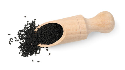 Scoop with black cumin seeds isolated on white, top view