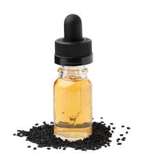 Black cumin seeds and oil isolated on white