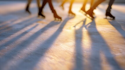 People ice skating on a frozen rink with long shadows at sunset, enjoying winter recreation and outdoor activity