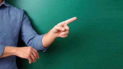 Person's hand pointing index finger, showing direction and providing copy space on a blank green background