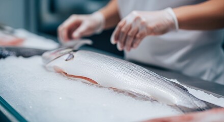 Chef preparing fresh fish on ice for cooking in a professional kitchen.