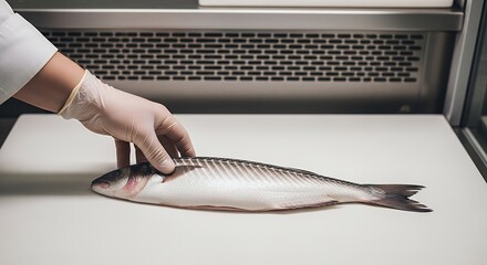 Chefs Hand in Glove Preparing Fresh Fish on a White Cutting Board.