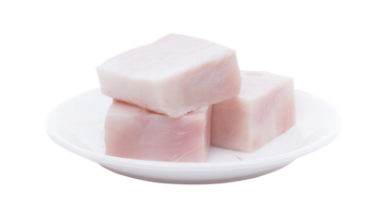 Raw pork lard cubes on a white plate isolated on a transparent background. Generative AI