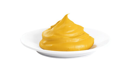 Yellow mustard served on a clean white plate with smooth texture isolated on transparent background. Generative AI