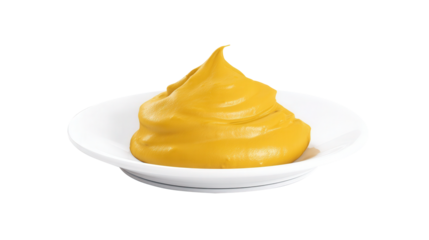 Yellow mustard served on a clean white plate with smooth texture isolated on transparent background. Generative AI